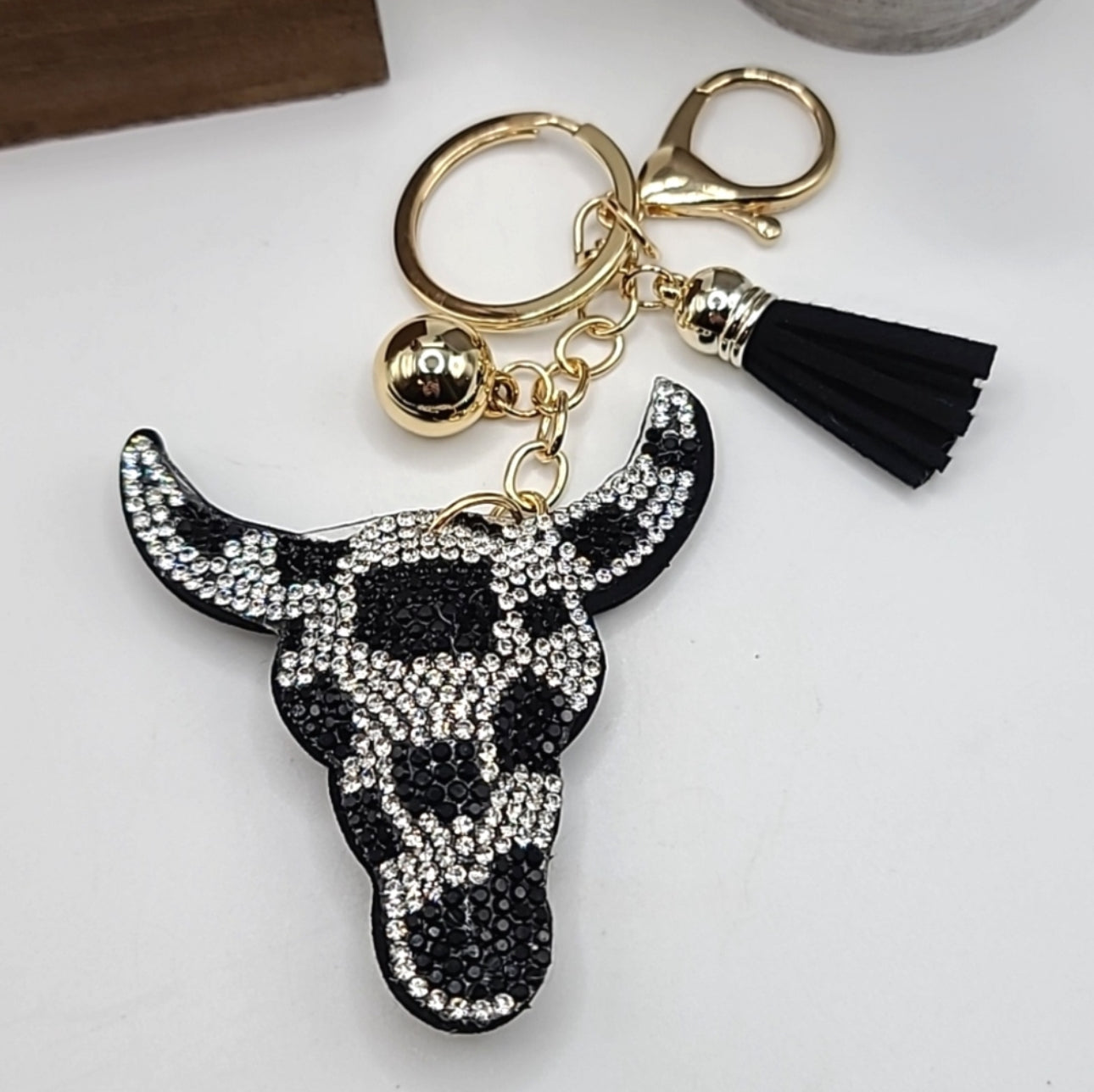 Black Cow Skull Rhinestone Keychain