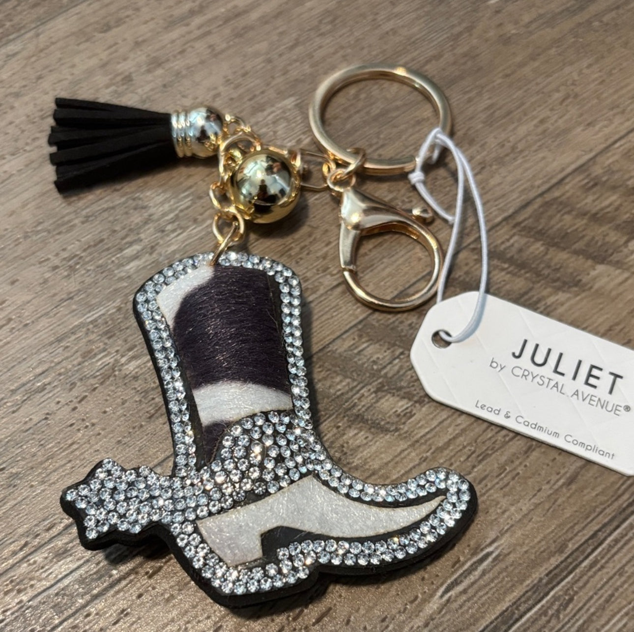 Cowboy Boot Cowhide Rhinestone Keychain